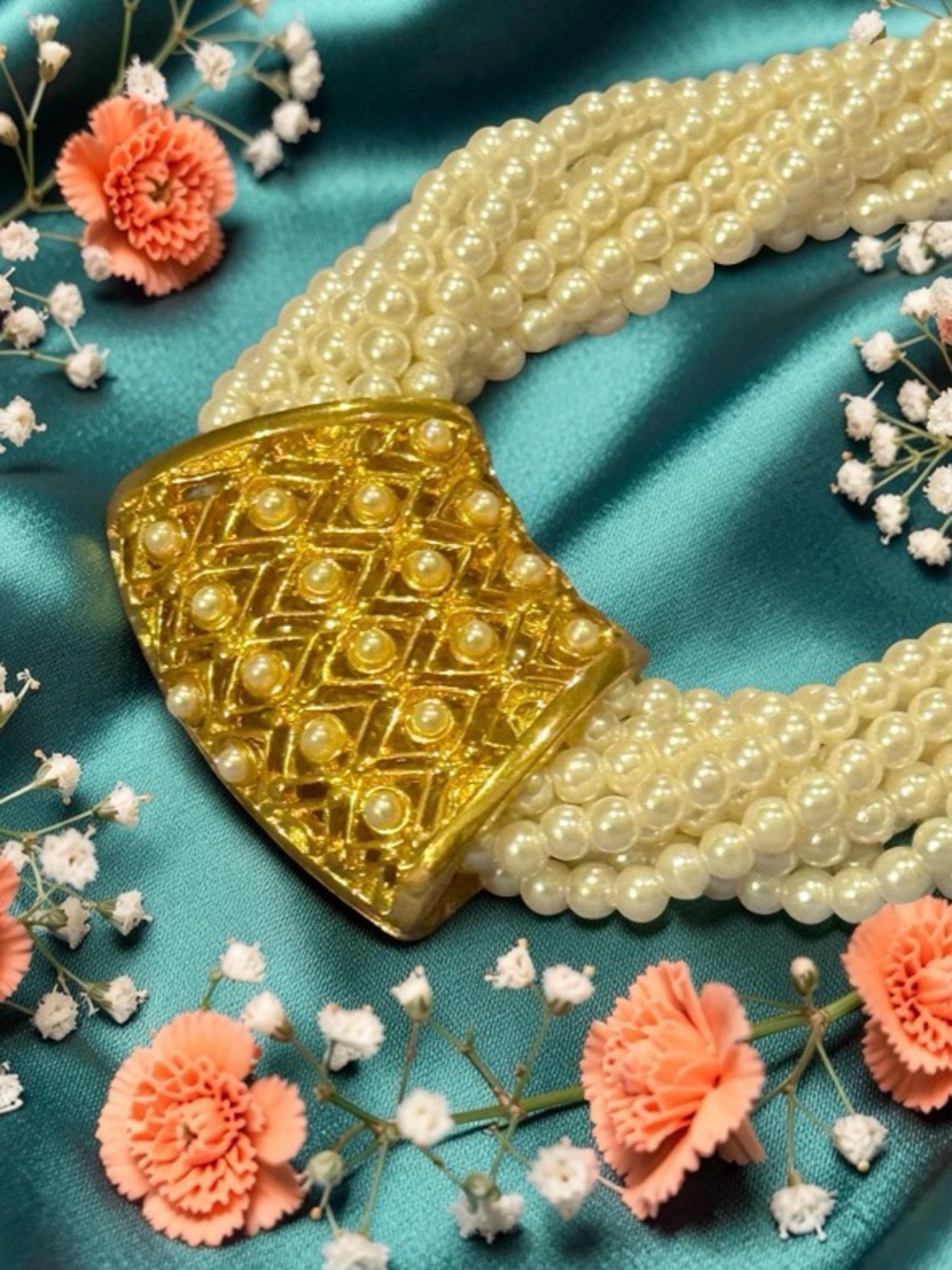 Vintage Multi-Strand Faux Pearl Necklace w/ Textured Gold Pearl Pendant Sleeve